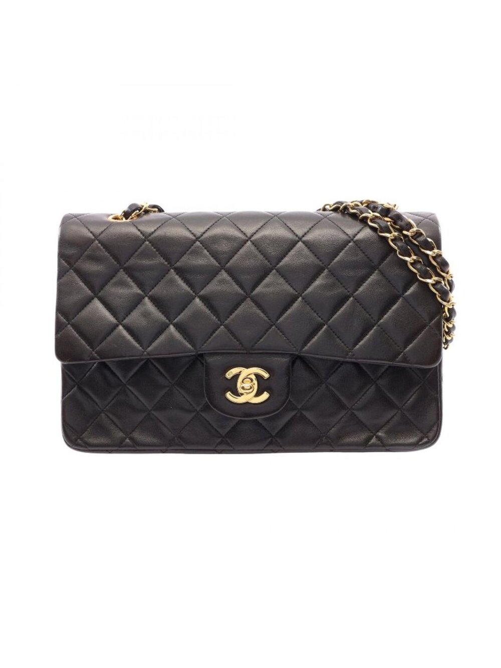 Chanel Shoulder Bag Quilted Double Flap Black Lambskin Chain